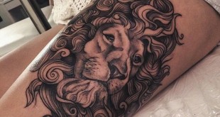 Löwen-Tattoo-am-Oberschenkel